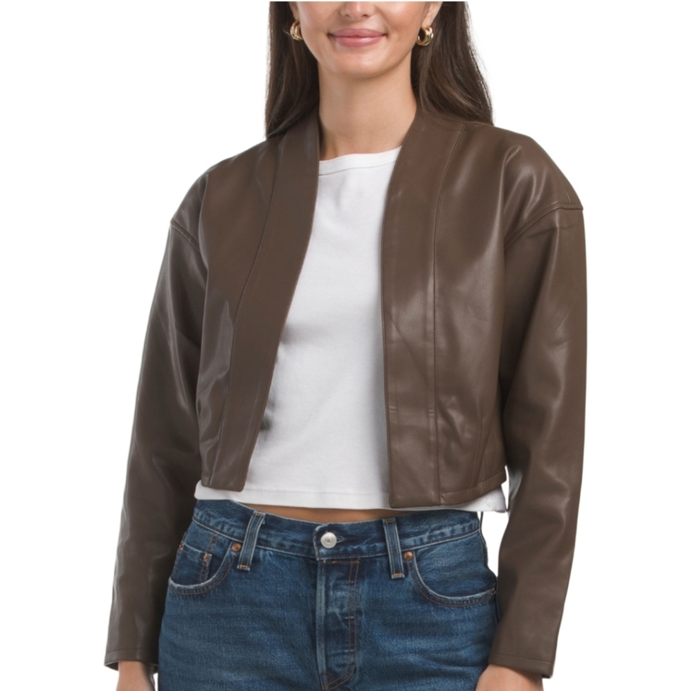 Cropped Choclate Brown Women's Faux Leather Bomber Jacket By Element NWT